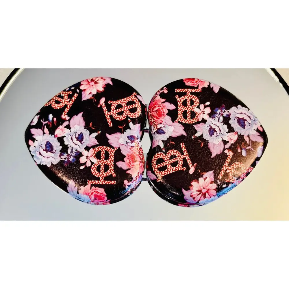 COMPACT MIRROR: Heart-Shaped Black, Pink, & Red w/Floral Design, NWOT